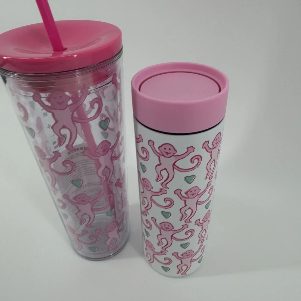 💞SET OF 2-  Starbucks x Roller Rabbit Pink Monkey Tumbler & Cup NEW 2025